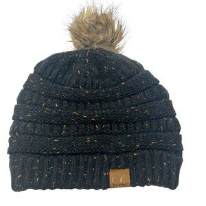 C.C Black Confetti Knit Beanie Brown Pom Pom Hat Women’s OS